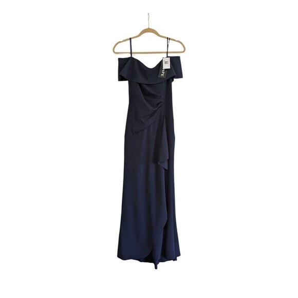 Xscape Long Scuba Off-The-Shoulder Dress Navy Size 4 NWT - Picture 4 of 6